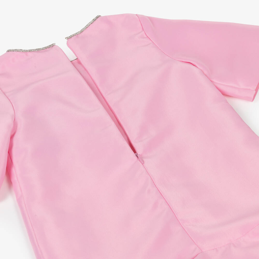 Mama Luma-Girls Pink Satin Twill Dress with Diamanté Bows | Childrensalon