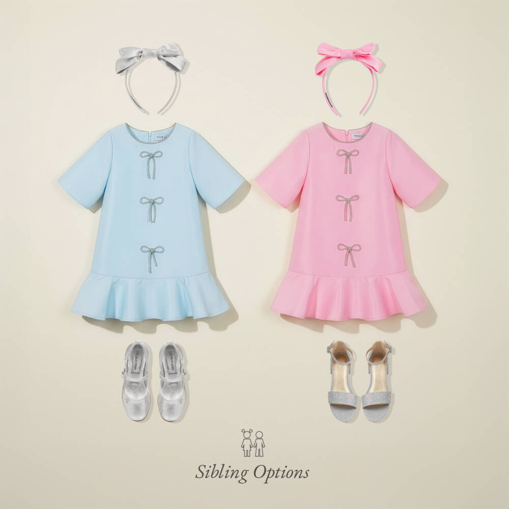 Mama Luma-Girls Pink Satin Twill Dress with Diamanté Bows | Childrensalon
