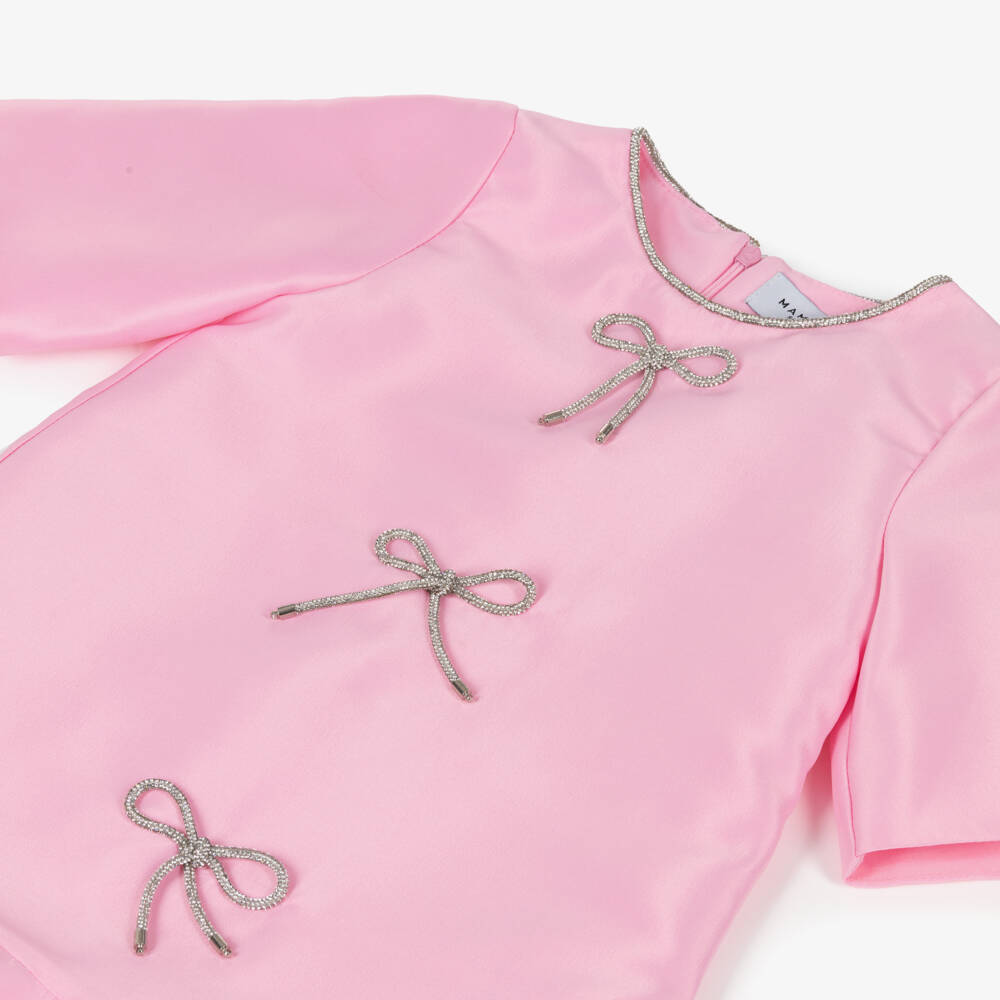 Mama Luma-Girls Pink Satin Twill Dress with Diamanté Bows | Childrensalon