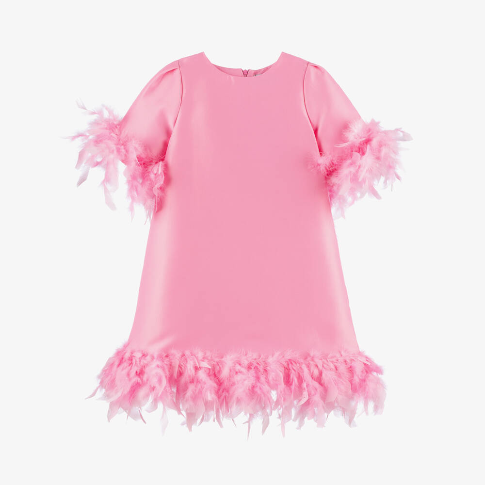 Mama Luma-Girls Pink Satin Twill Dress with Feather Trim | Childrensalon