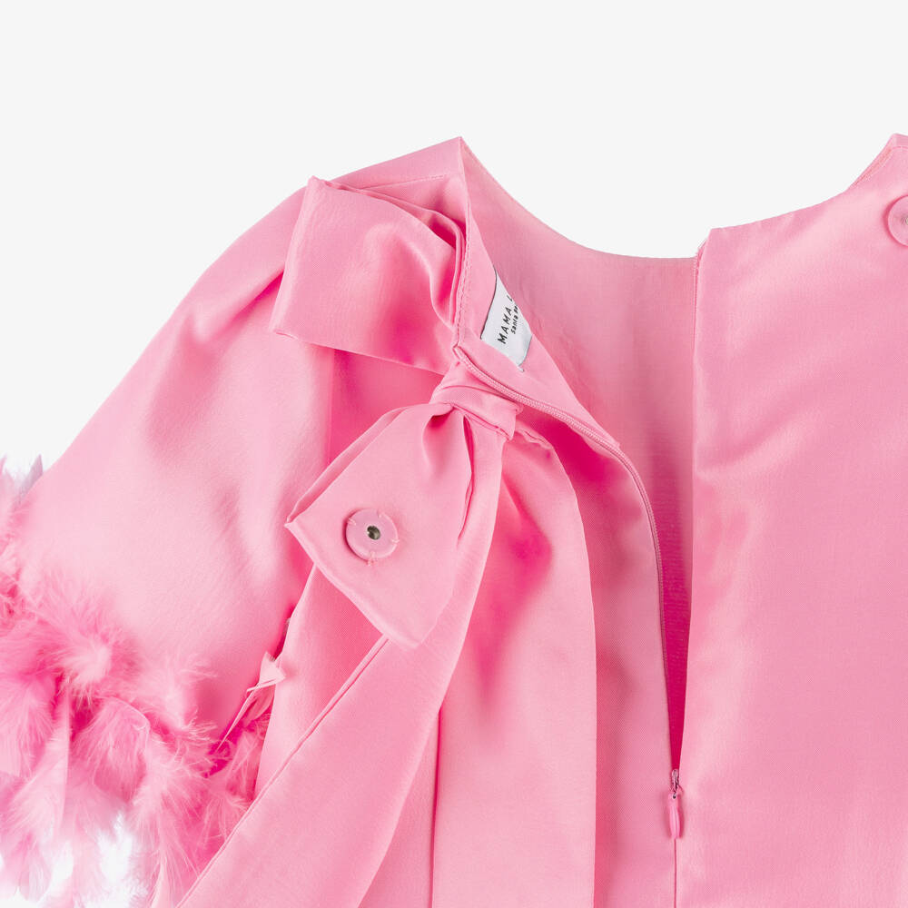 Mama Luma-Girls Pink Satin Twill Dress with Feather Trim | Childrensalon