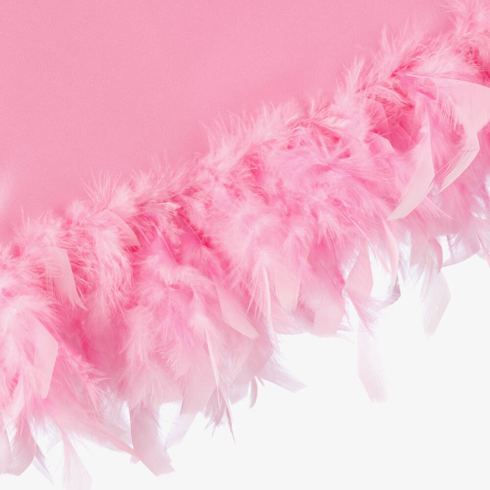 Mama Luma-Girls Pink Satin Twill Dress with Feather Trim | Childrensalon