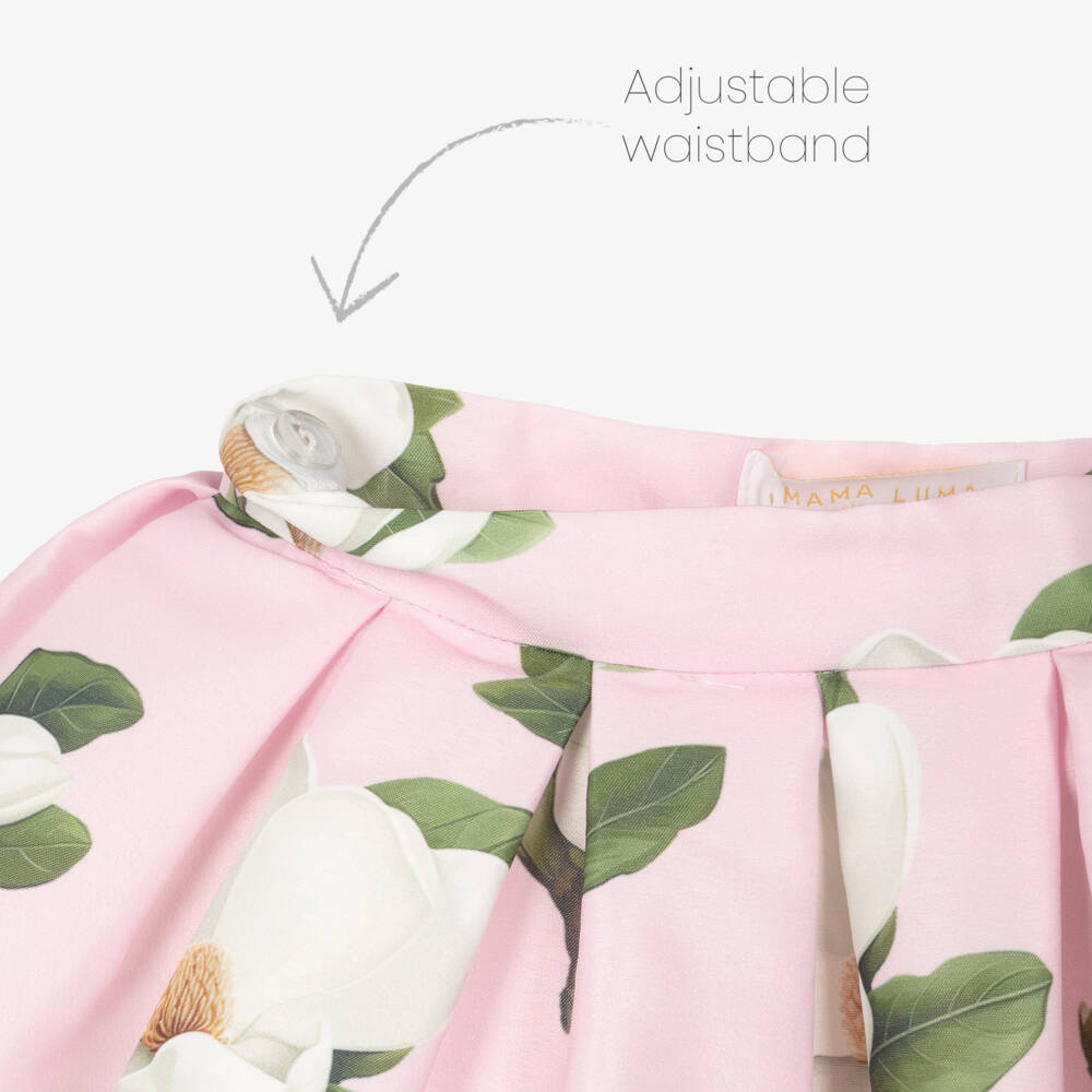 Mama Luma-Girls Pink Satin Twill Pleated Skirt with White Floral Print | Childrensalon