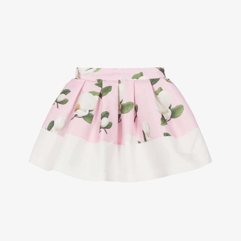 Mama Luma-Girls Pink Satin Twill Pleated Skirt with White Floral Print | Childrensalon