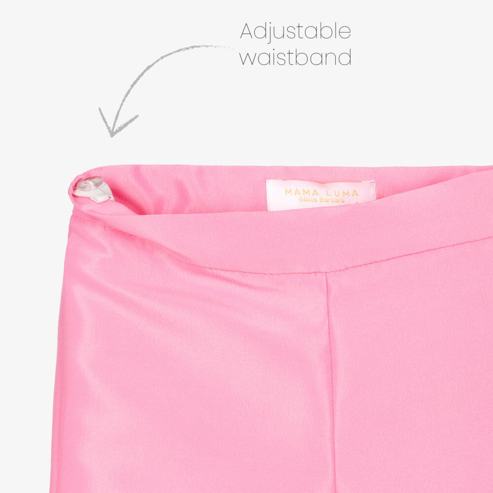 Mama Luma-Girls Pink Satin Twill Trousers with Feather Trim | Childrensalon