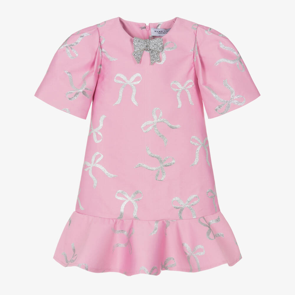 Mama Luma-Girls Pink & Silver Bow Dress with Detachable Brooch | Childrensalon