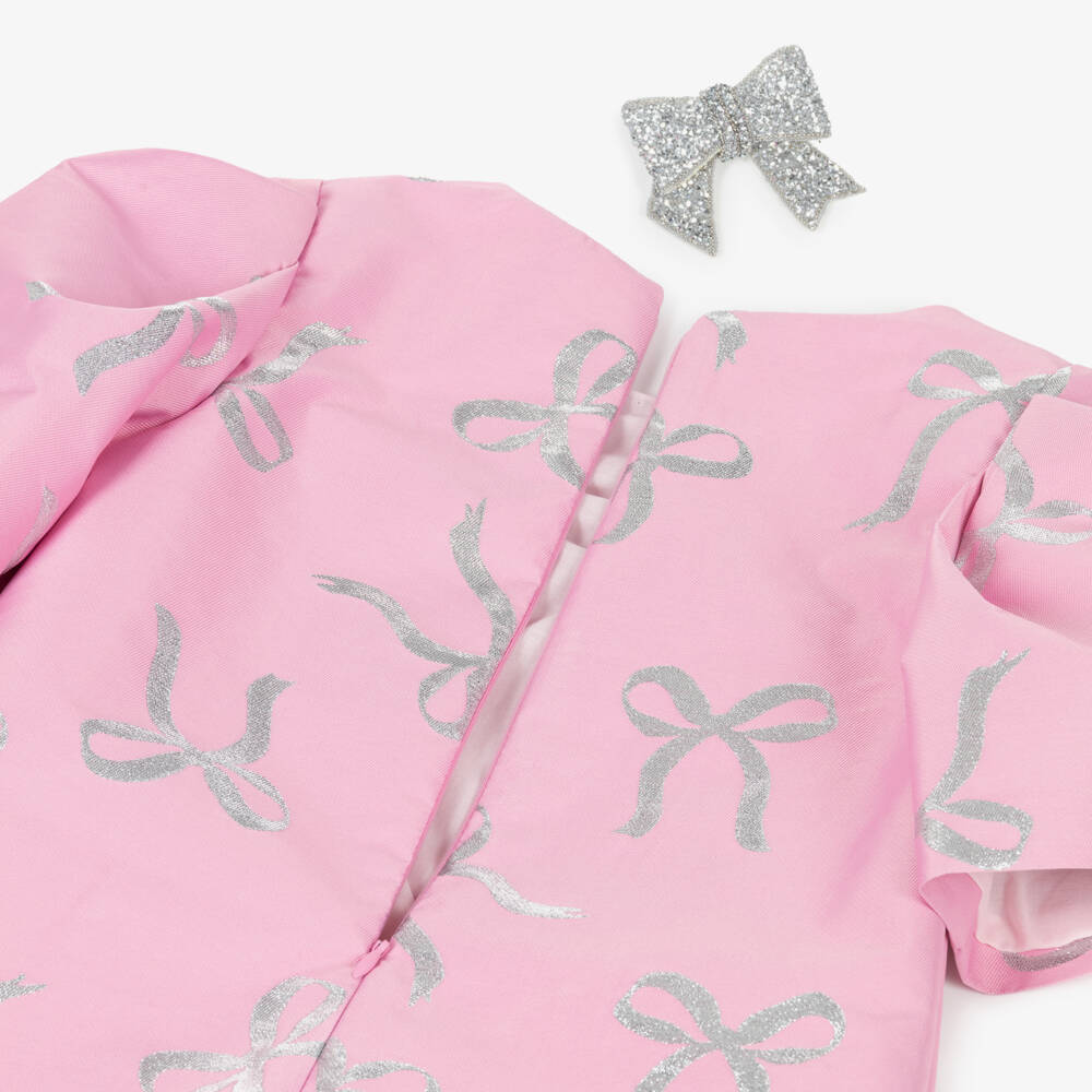 Mama Luma-Girls Pink & Silver Bow Dress with Detachable Brooch | Childrensalon