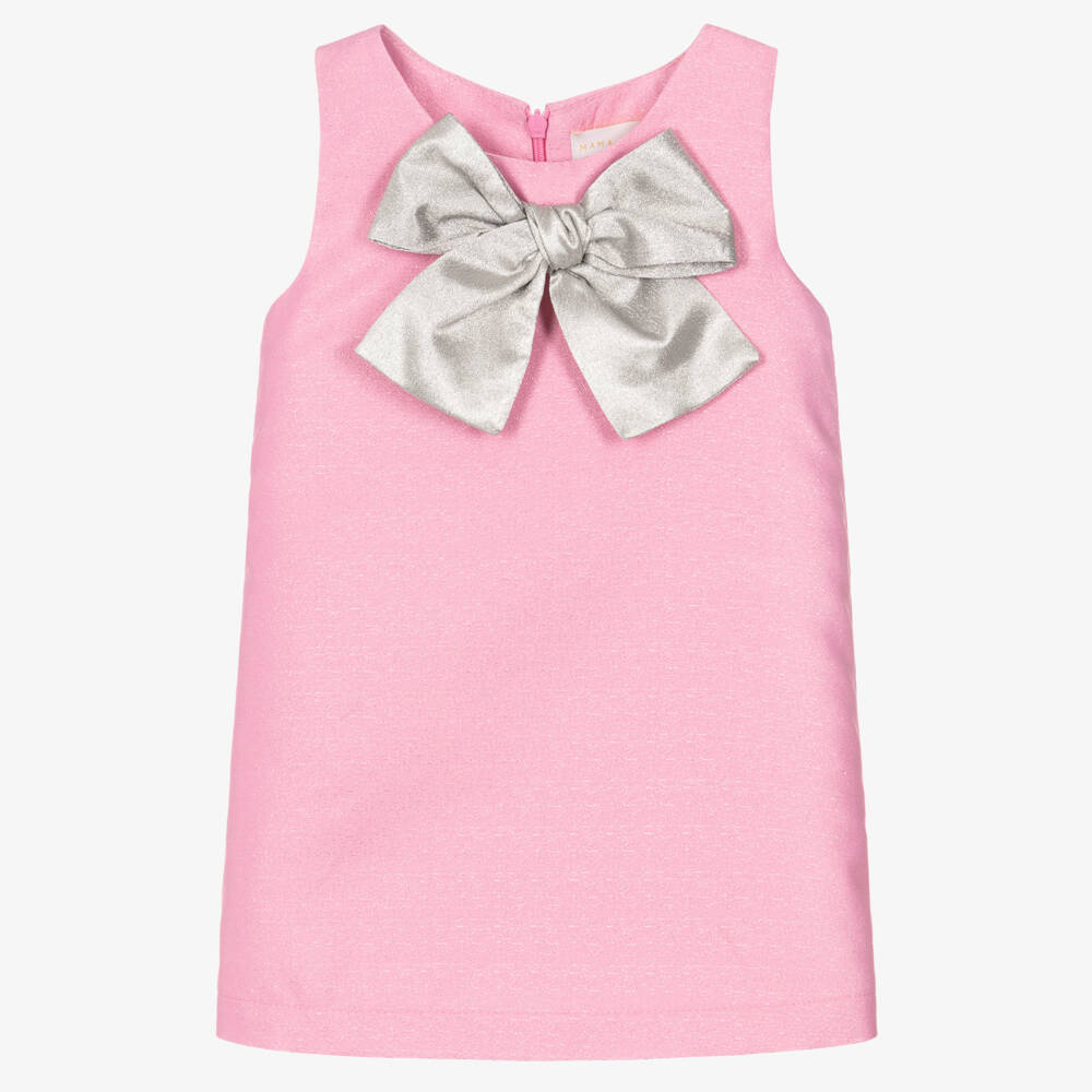 Mama Luma-Girls Pink Sleeveless Dress with Silver Bow | Childrensalon