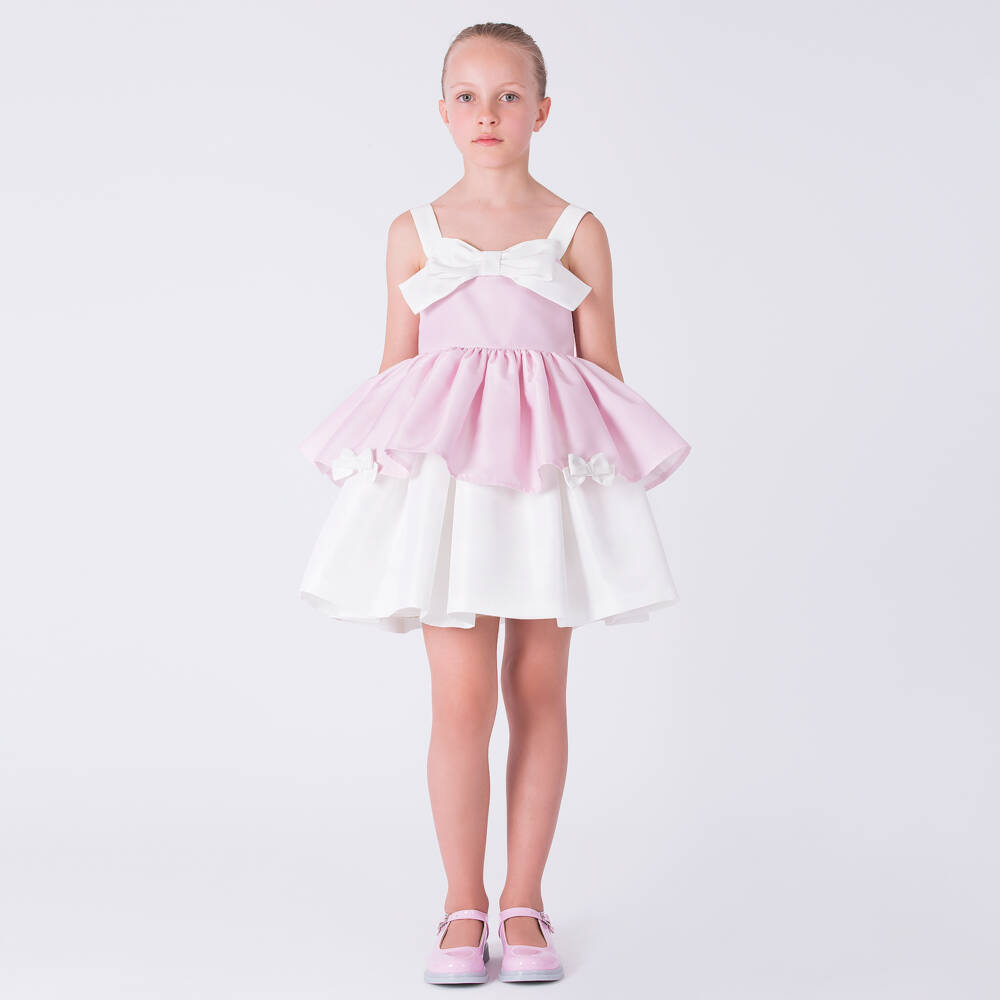 Mama Luma-Girls Pink & White Satin Bow Dress | Childrensalon