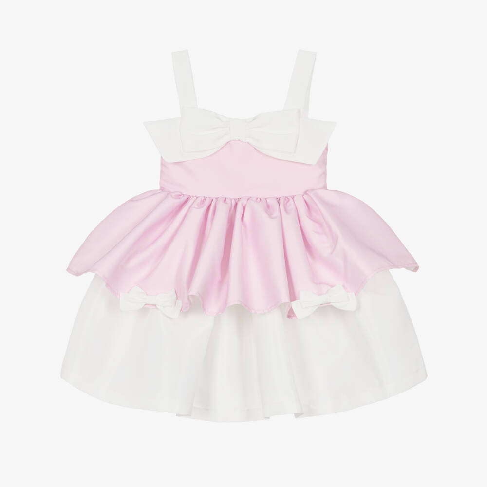 Mama Luma-Girls Pink & White Satin Bow Dress | Childrensalon
