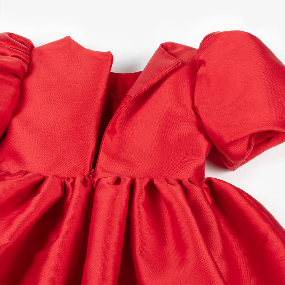 Mama Luma-Girls Red Pleated Twill Dress with Metallic Bow | Childrensalon