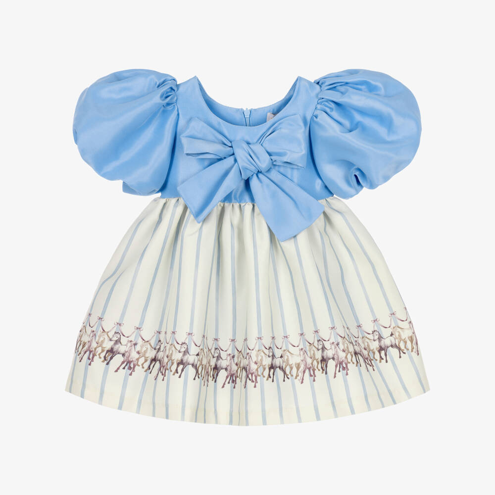 Mama Luma-Girls Sky Blue & Ivory Satin Twill Dress with Horse Motifs | Childrensalon