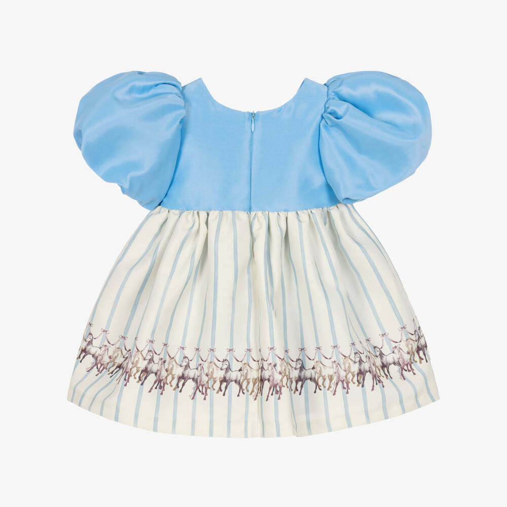 Mama Luma-Girls Sky Blue & Ivory Satin Twill Dress with Horse Motifs | Childrensalon