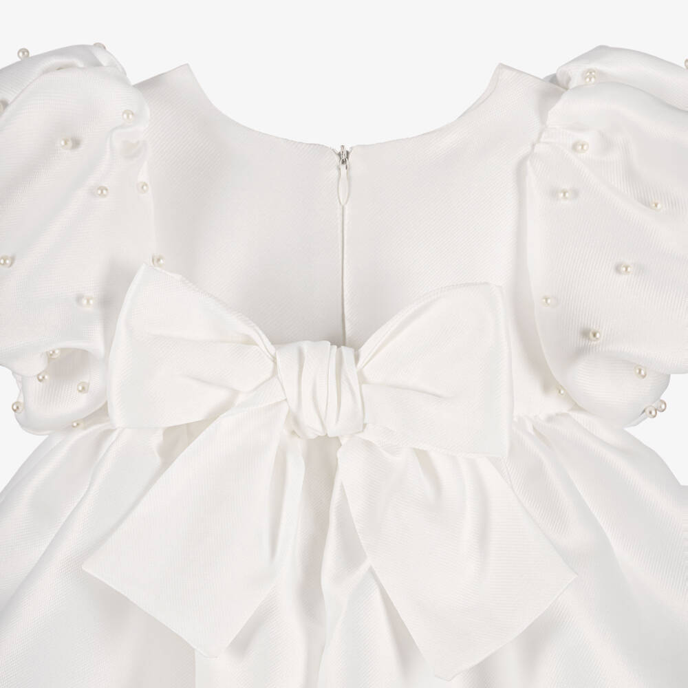 Mama Luma-Girls White Dress with Puff Sleeves & Pearls | Childrensalon