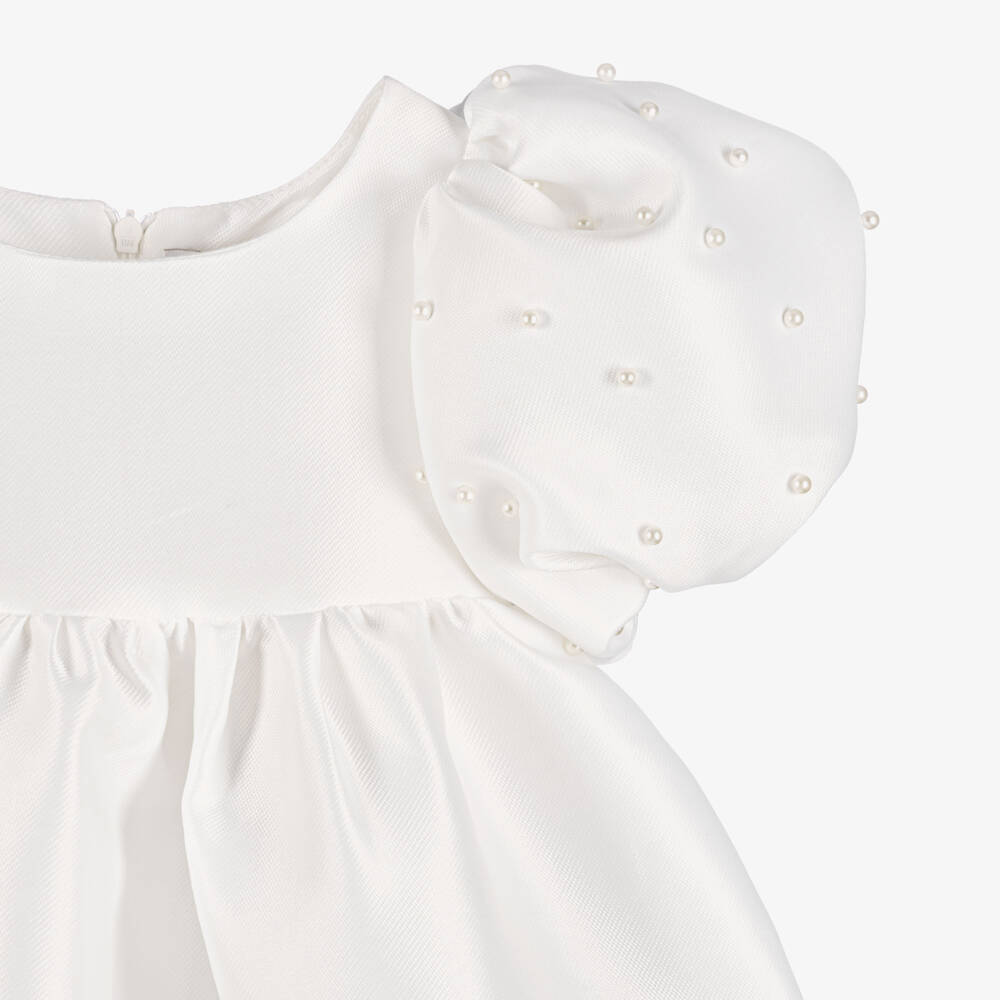Mama Luma-Girls White Dress with Puff Sleeves & Pearls | Childrensalon
