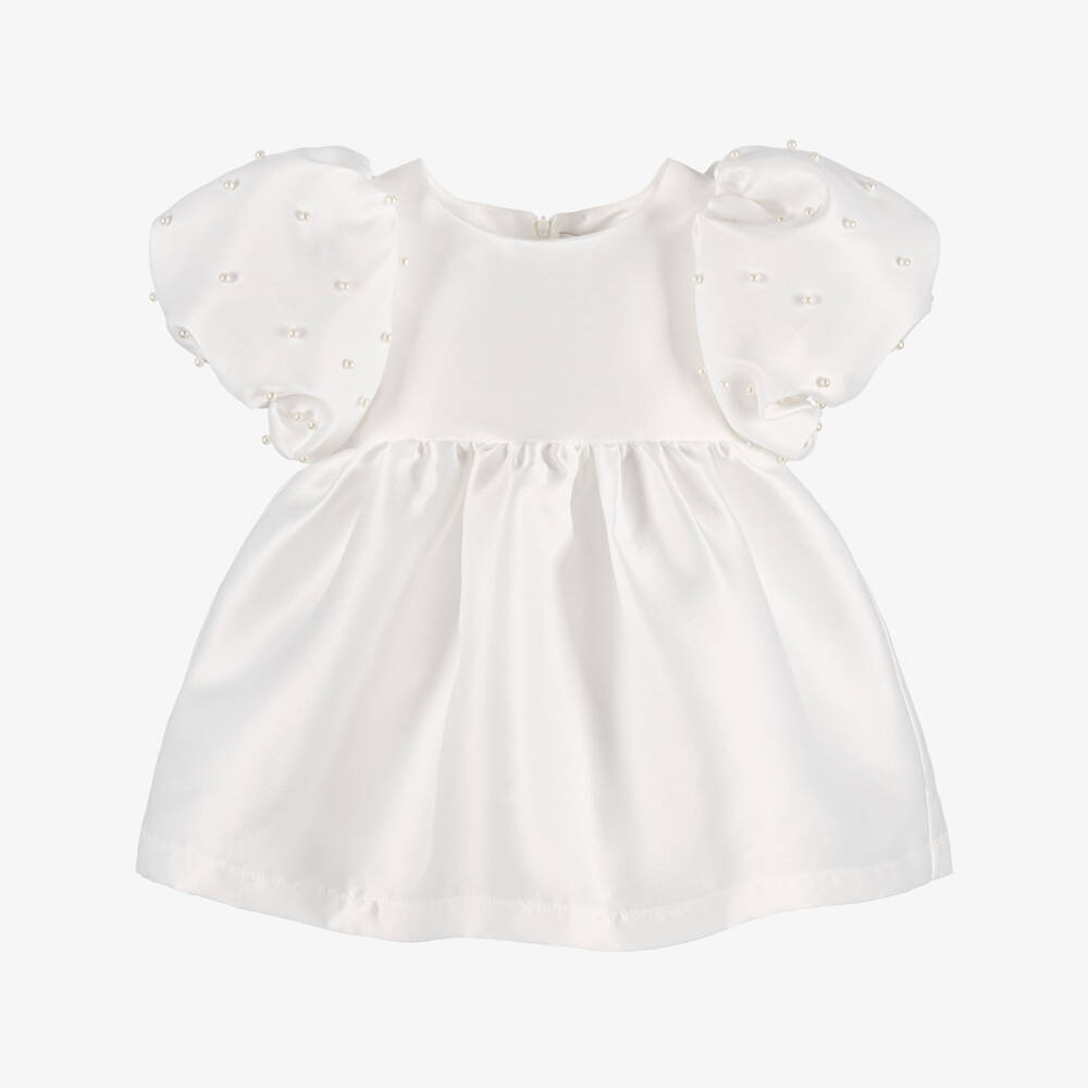 Mama Luma-Girls White Dress with Puff Sleeves & Pearls | Childrensalon