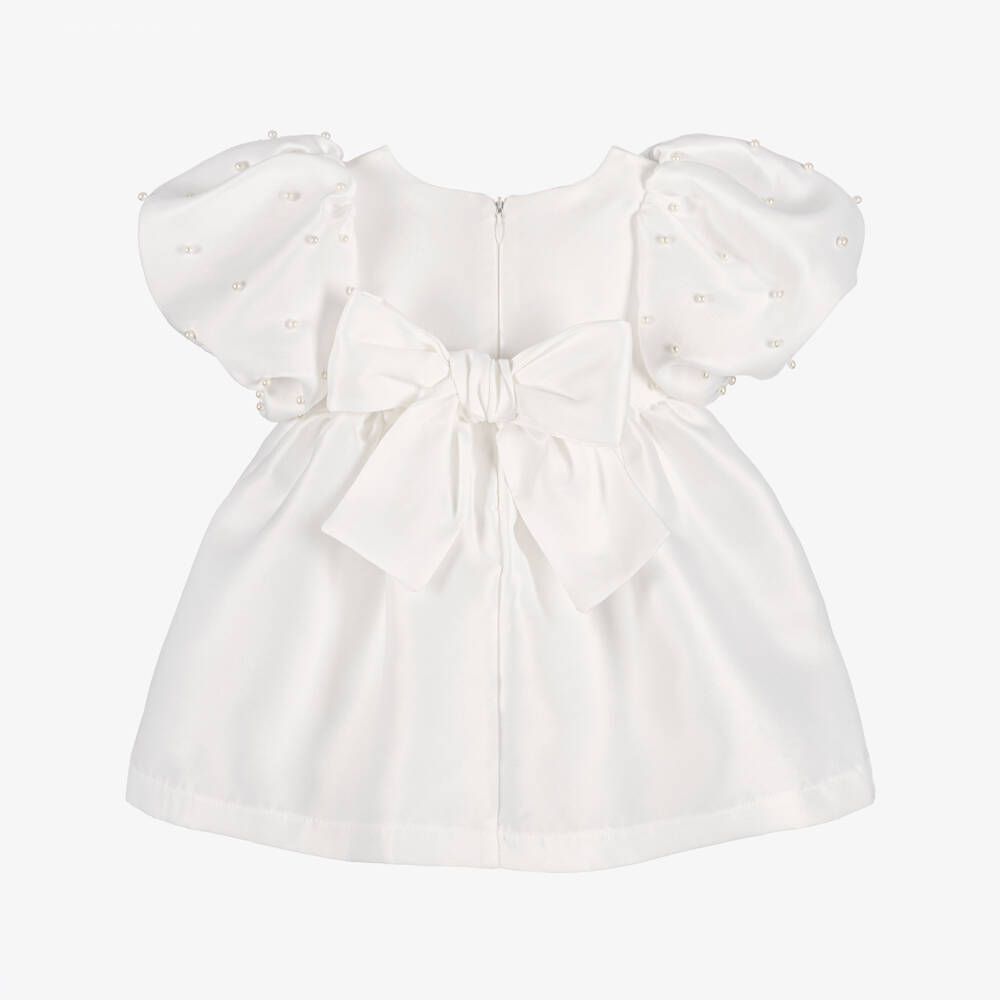 Mama Luma-Girls White Dress with Puff Sleeves & Pearls | Childrensalon