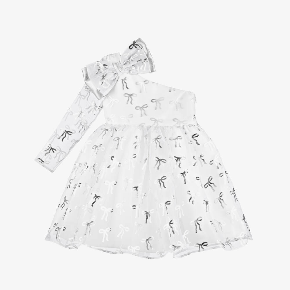 Mama Luma-Girls White Organza & Satin Dress with Metallic Silver Bows | Childrensalon