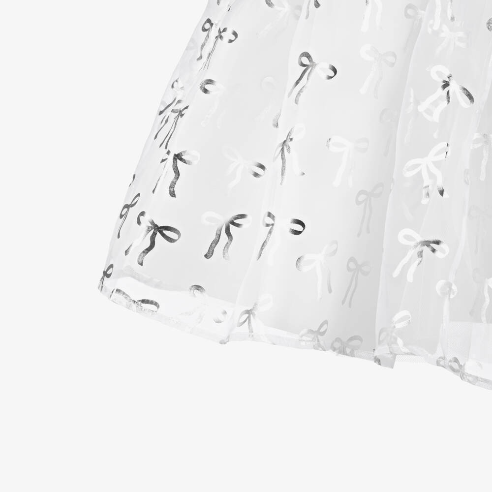 Mama Luma-Платье белое из органзы и сатина с серебряными бантами для девочек | Childrensalon