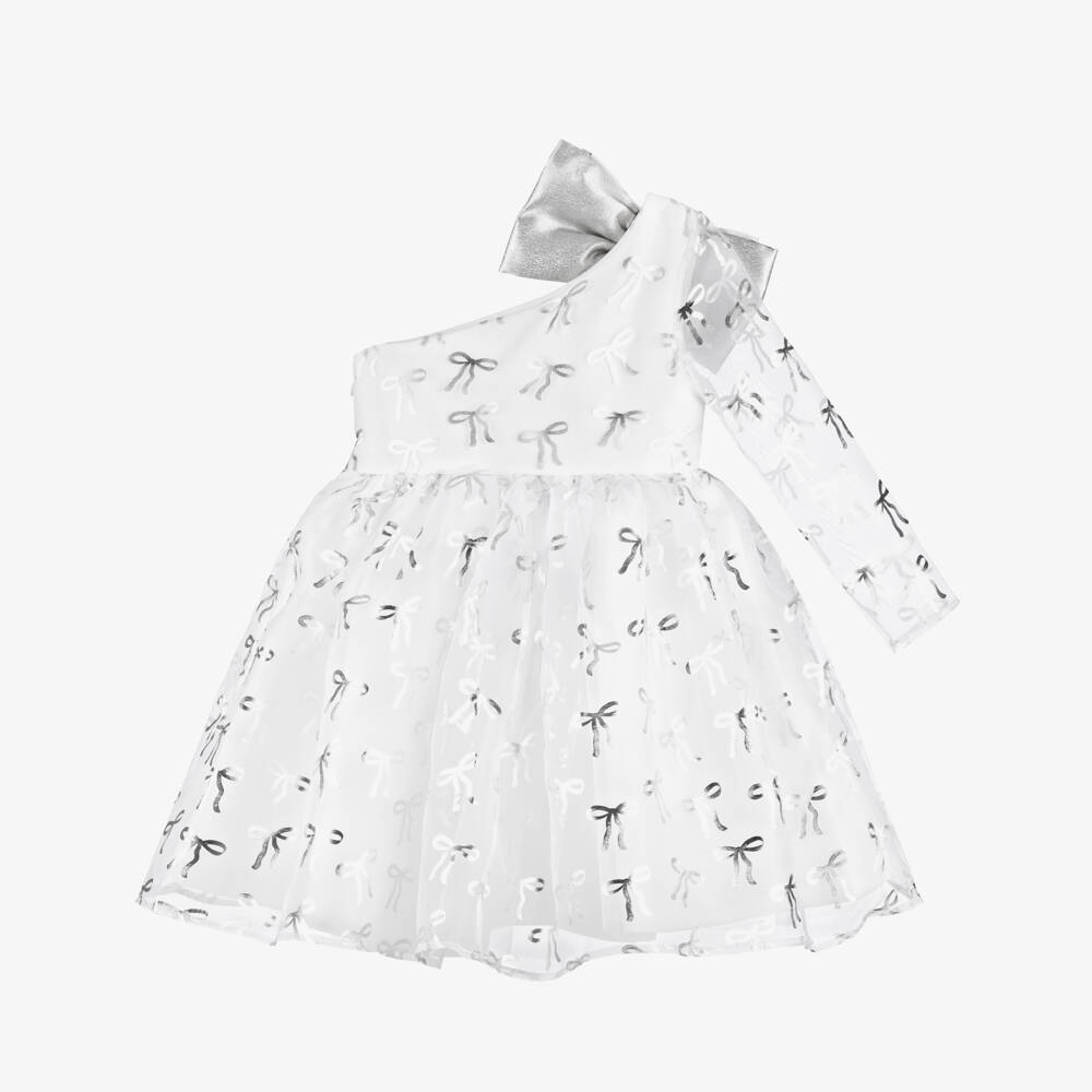 Mama Luma-Платье белое из органзы и сатина с серебряными бантами для девочек | Childrensalon