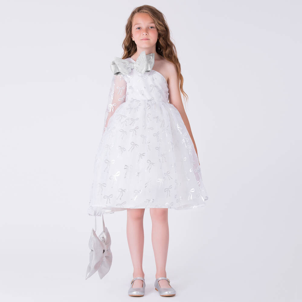 Mama Luma-Girls White Organza & Satin Dress with Metallic Silver Bows | Childrensalon