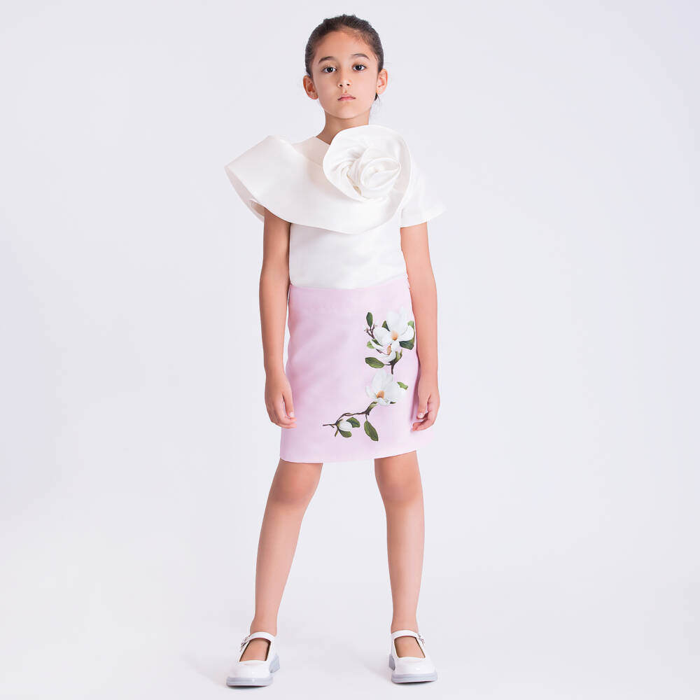 Mama Luma-Girls White Satin Blouse with Rose Ruffle | Childrensalon