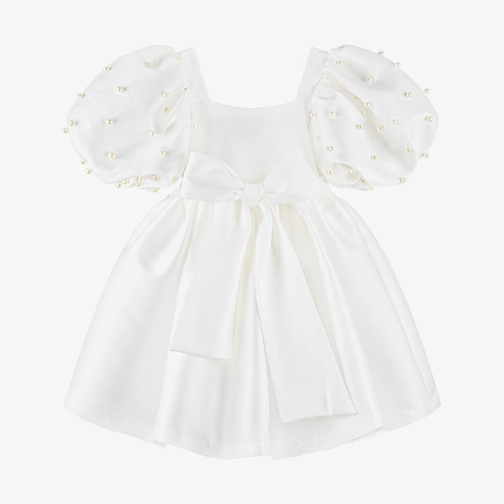 Mama Luma-Girls White Satin Dress with Pearl Trimmed Puffed Sleeves | Childrensalon