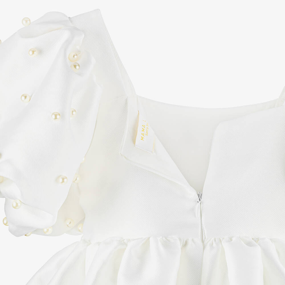 Mama Luma-فستان ساتان مزين باللؤلؤ لون أبيض للبنات | Childrensalon