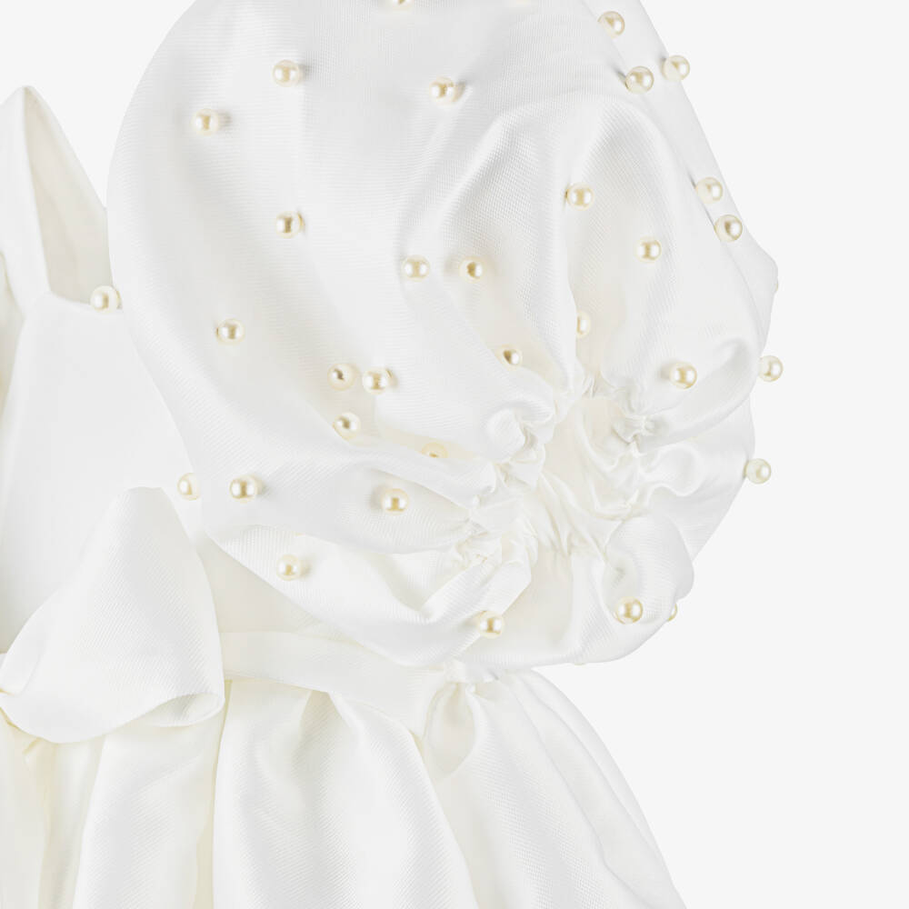 Mama Luma-فستان ساتان مزين باللؤلؤ لون أبيض للبنات | Childrensalon