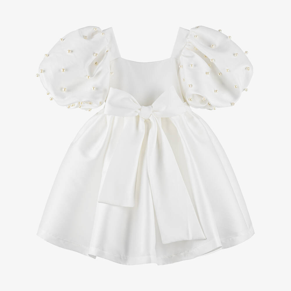 Mama Luma-Girls White Satin Dress with Pearl Trimmed Puffed Sleeves | Childrensalon