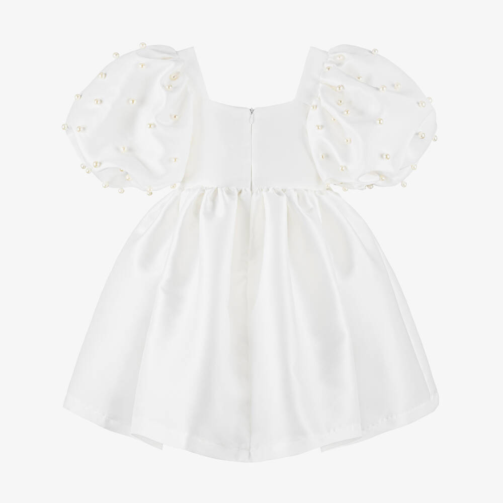 Mama Luma-فستان ساتان مزين باللؤلؤ لون أبيض للبنات | Childrensalon