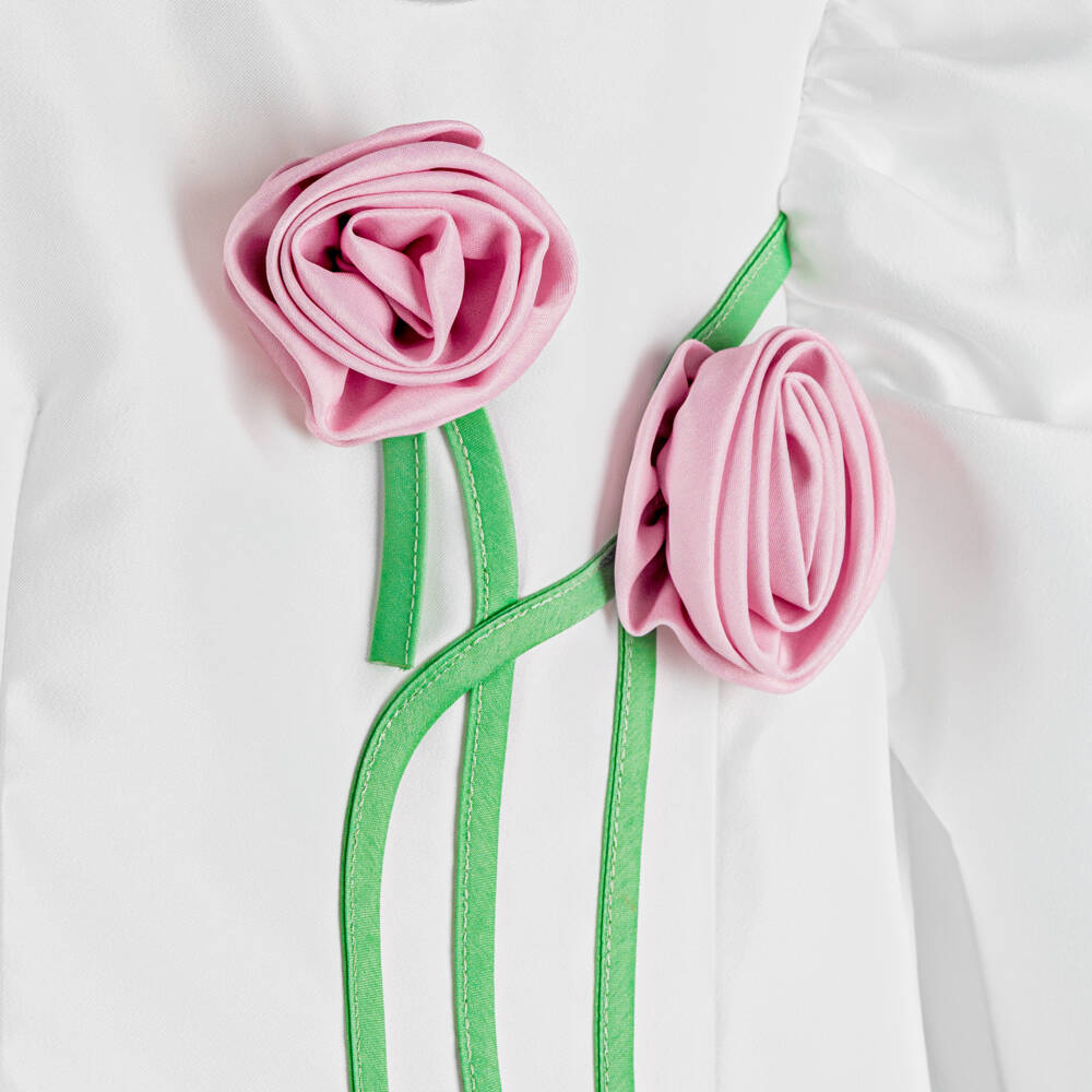 Mama Luma-Girls White Satin Dress with Pink Floral Accents | Childrensalon