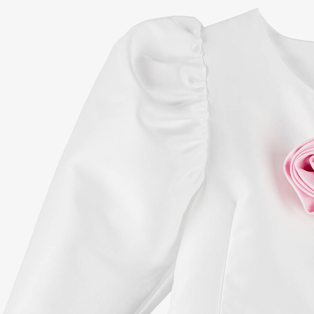 Mama Luma-Girls White Satin Dress with Pink Floral Accents | Childrensalon