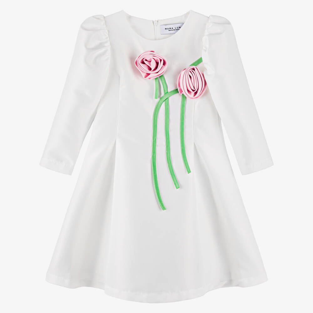 Mama Luma-Girls White Satin Dress with Pink Floral Accents | Childrensalon