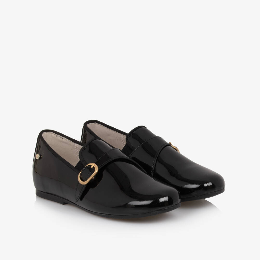 Manuela de Juan-Boys Black Patent Leather Shoes with Gold Buckle | Childrensalon