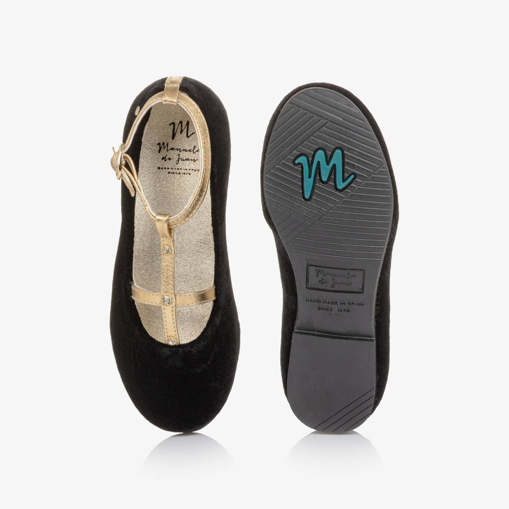 Manuela de Juan-Girls Black Velvet & Gold Leather Bar Shoes | Childrensalon