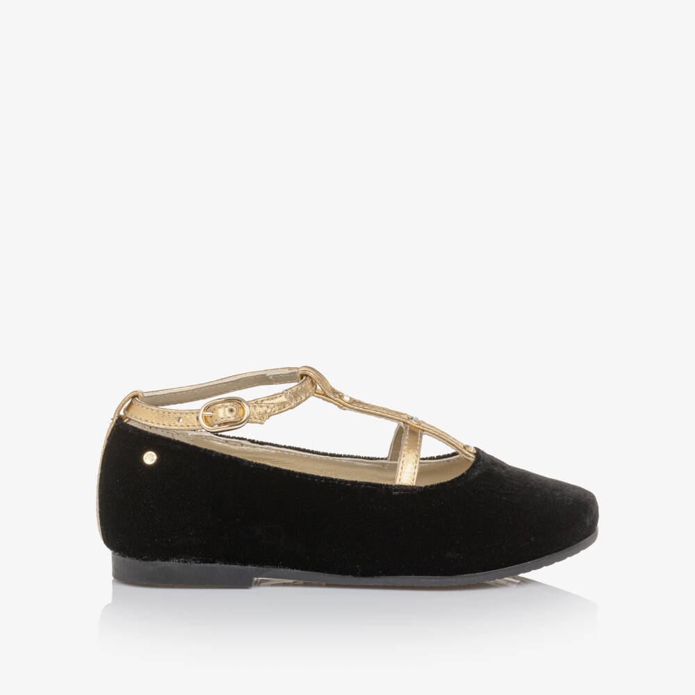Manuela de Juan-Girls Black Velvet & Gold Leather Bar Shoes | Childrensalon
