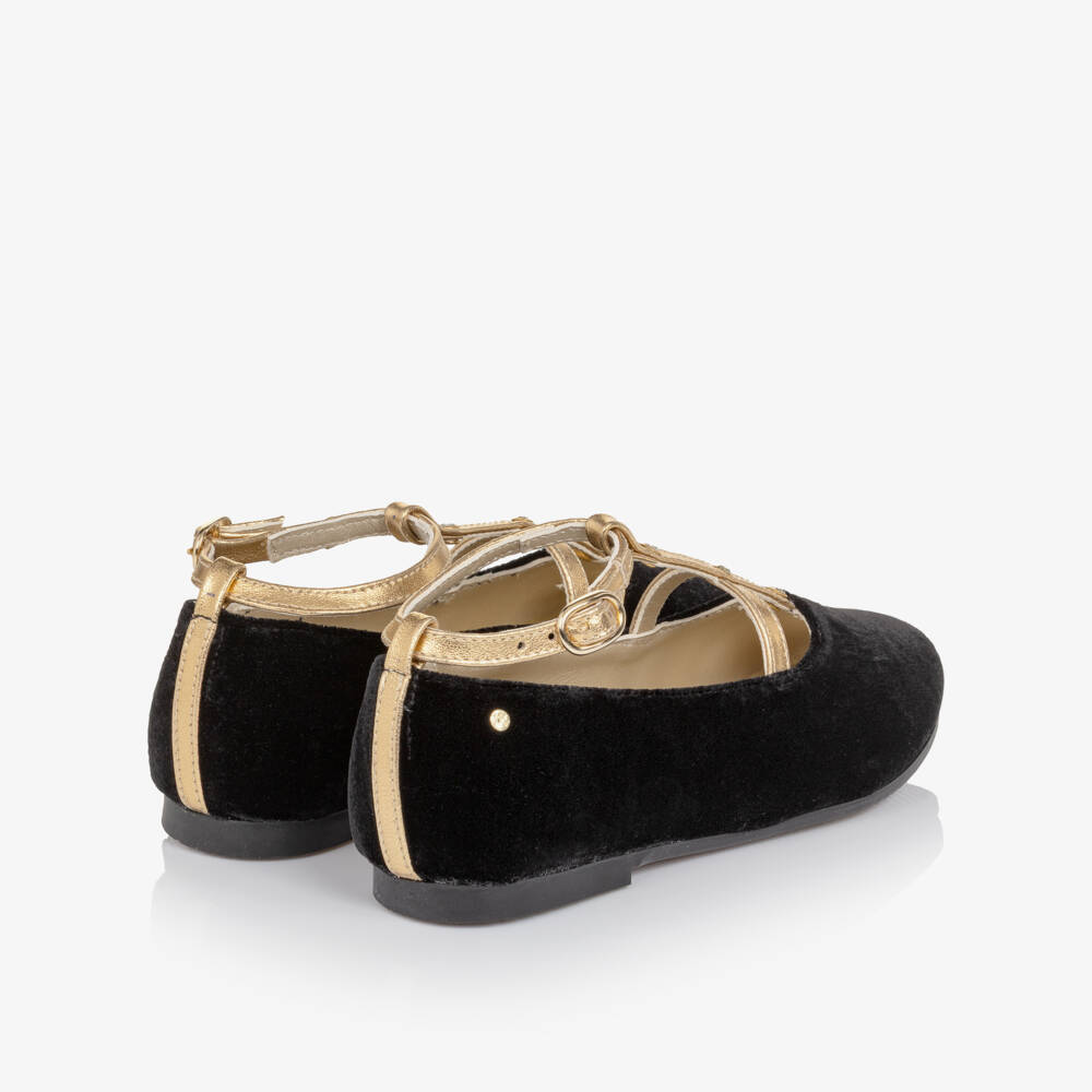 Manuela de Juan-Girls Black Velvet & Gold Leather Bar Shoes | Childrensalon