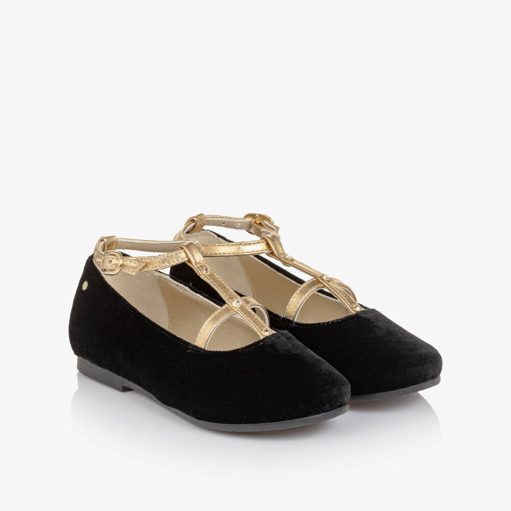 Manuela de Juan-Girls Black Velvet & Gold Leather Bar Shoes | Childrensalon