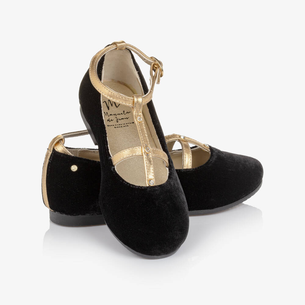 Manuela de Juan-Girls Black Velvet & Gold Leather Bar Shoes | Childrensalon