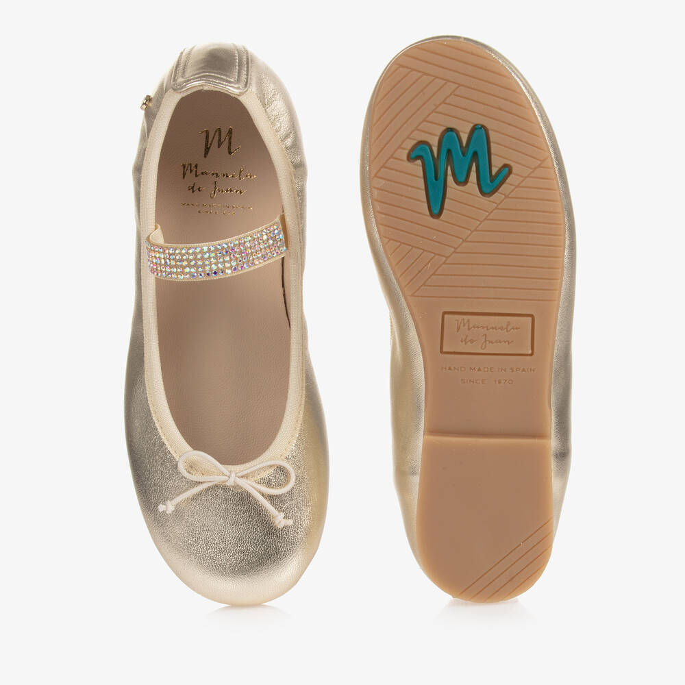 Manuela de Juan-Золотистые кожаные туфли на ремешке со стразами | Childrensalon