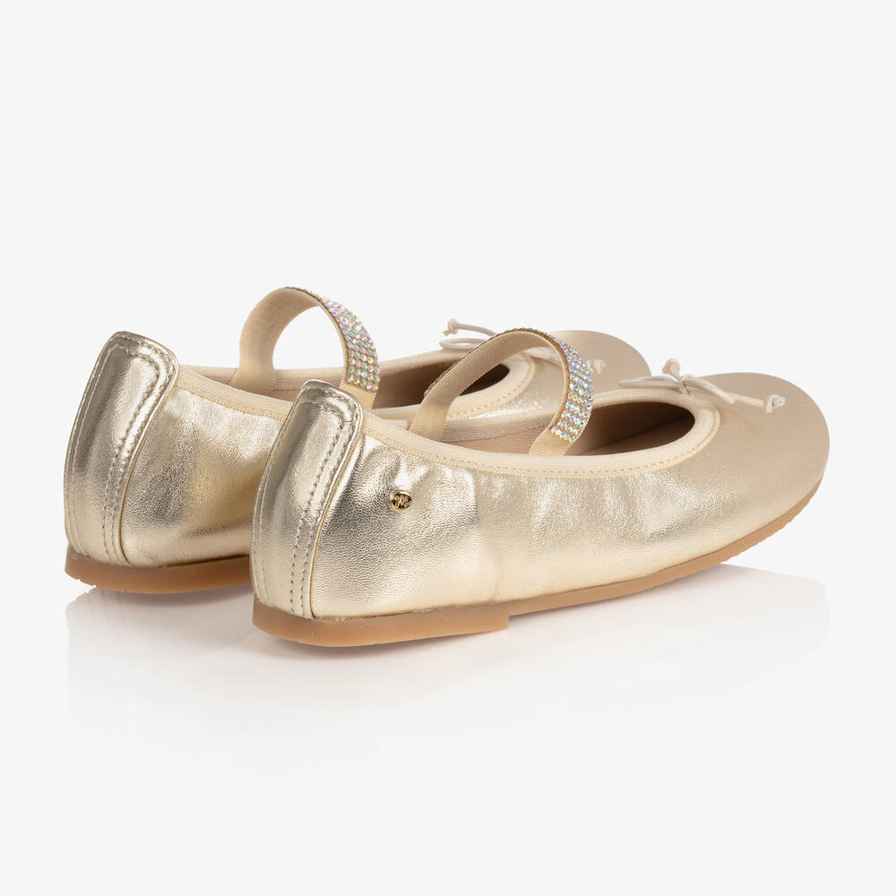 Manuela de Juan-Золотистые кожаные туфли на ремешке со стразами | Childrensalon