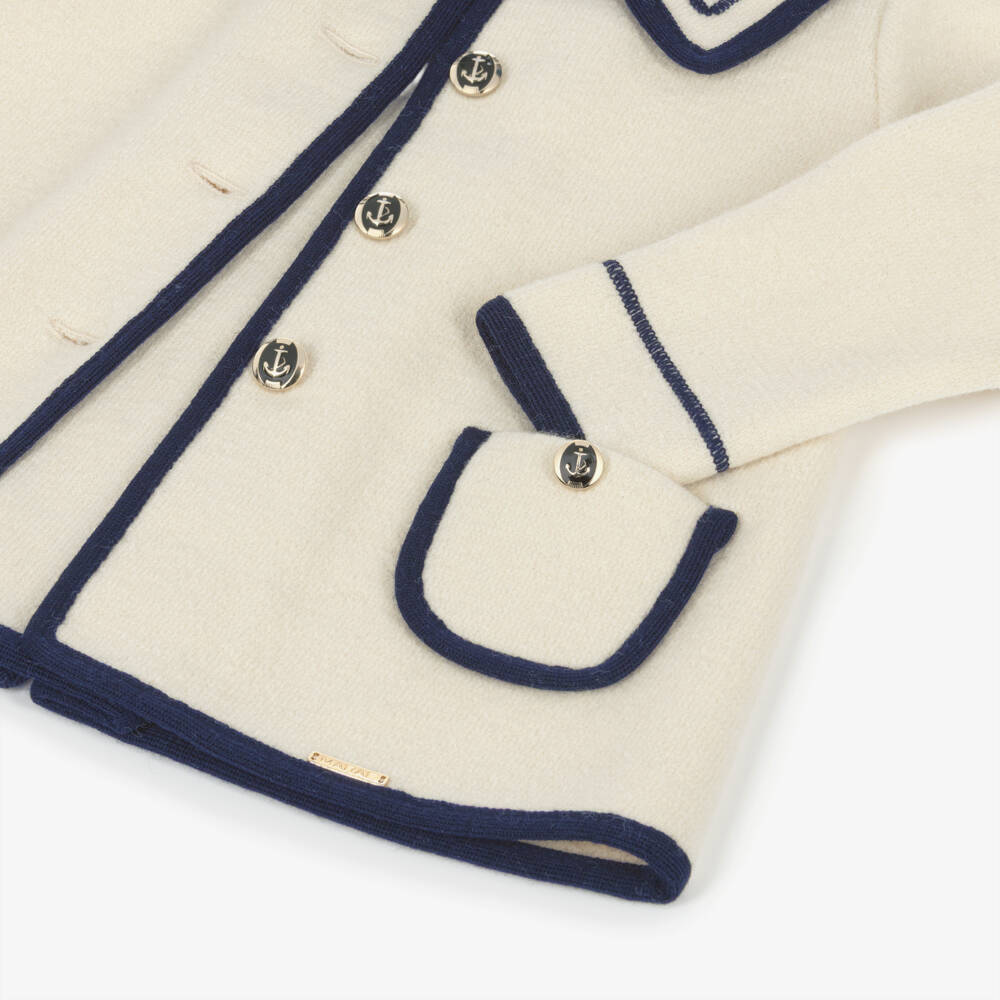 Marae Kids-Пальто кремовое из шерсти мериноса с синей отделкой для девочек | Childrensalon