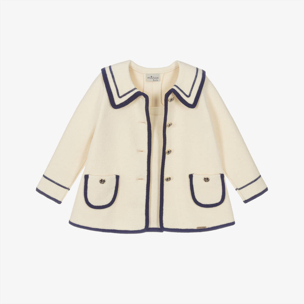 Marae Kids-Пальто кремовое из шерсти мериноса с синей отделкой для девочек | Childrensalon
