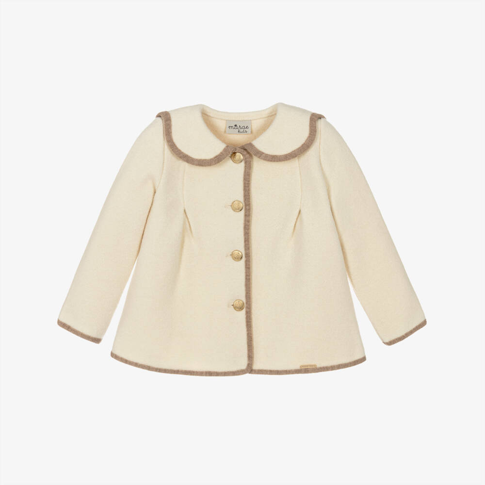 Marae Kids-Girls Ivory Merino Wool Jacket with Gold Crest Buttons | Childrensalon