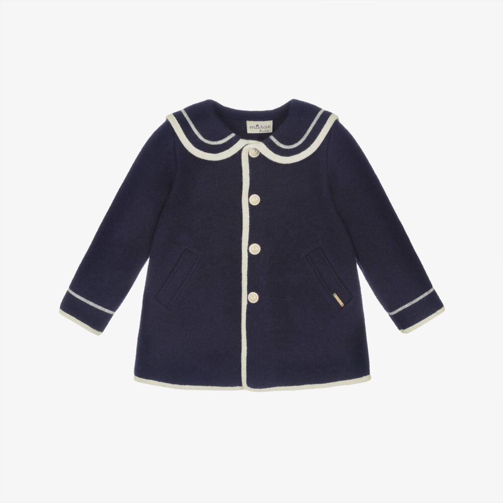 Marae Kids-Girls Navy Blue Merino Wool Coat with Ivory Trim | Childrensalon