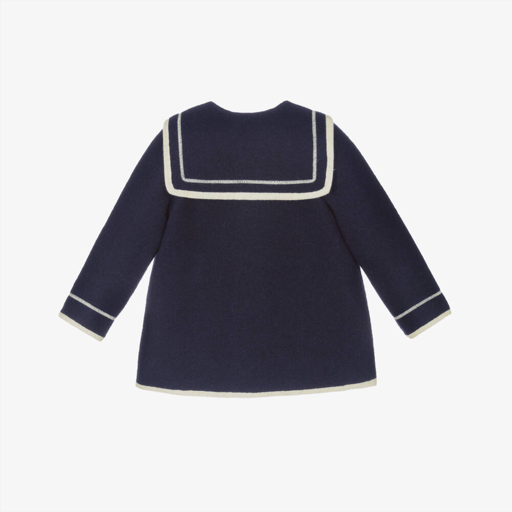 Marae Kids-Пальто синее из шерсти мериноса с кремовой отделкой для девочек | Childrensalon