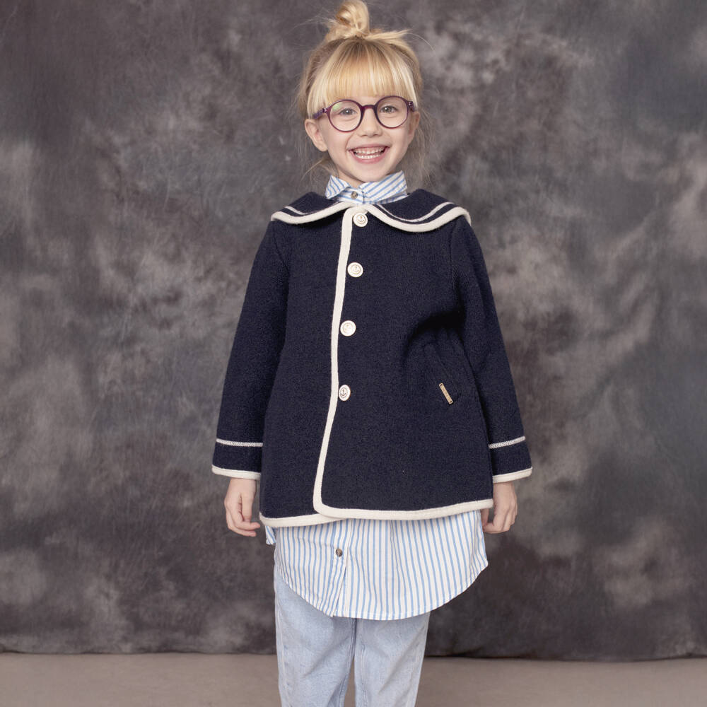 Marae Kids-Пальто синее из шерсти мериноса с кремовой отделкой для девочек | Childrensalon
