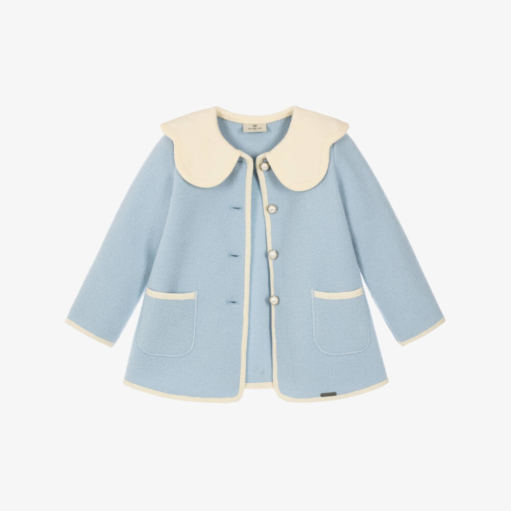 Marae Kids-Girls Pale Blue Merino Wool Coat with Ivory Scalloped Collar | Childrensalon