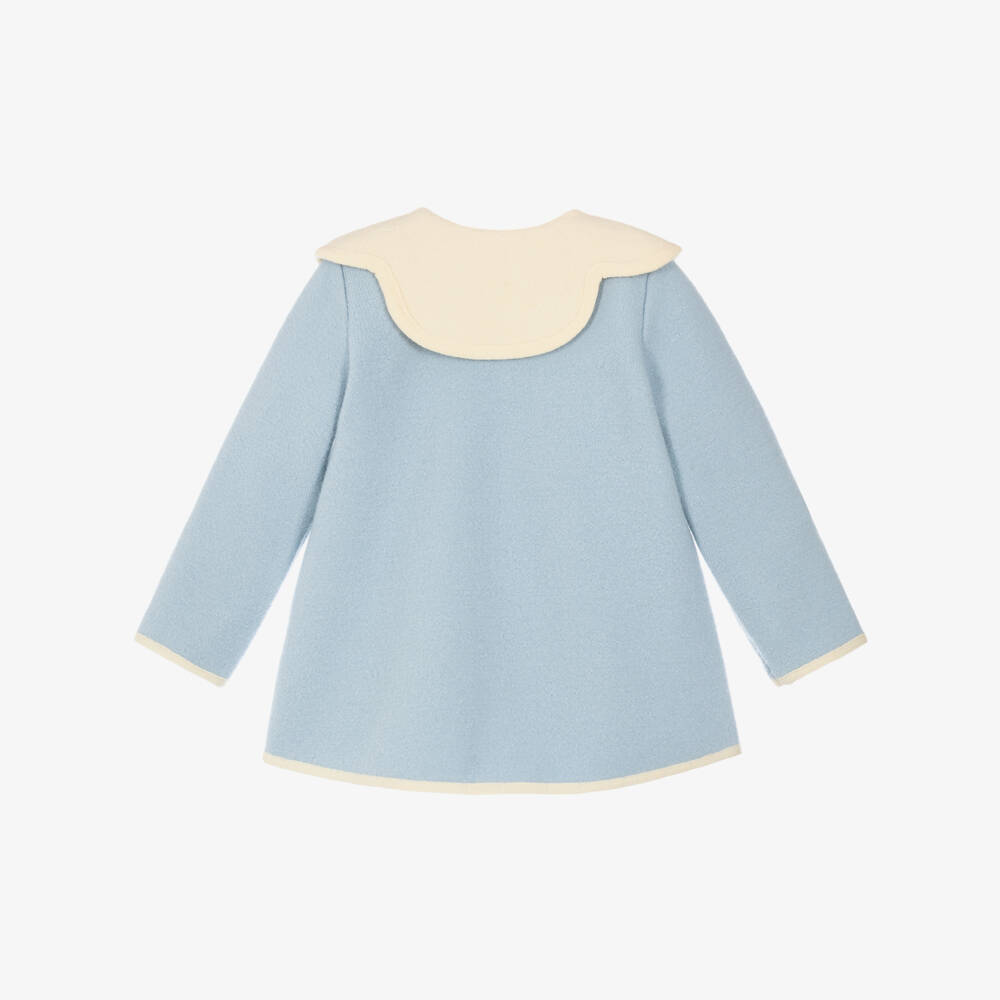 Marae Kids-Girls Pale Blue Merino Wool Coat with Ivory Scalloped Collar | Childrensalon